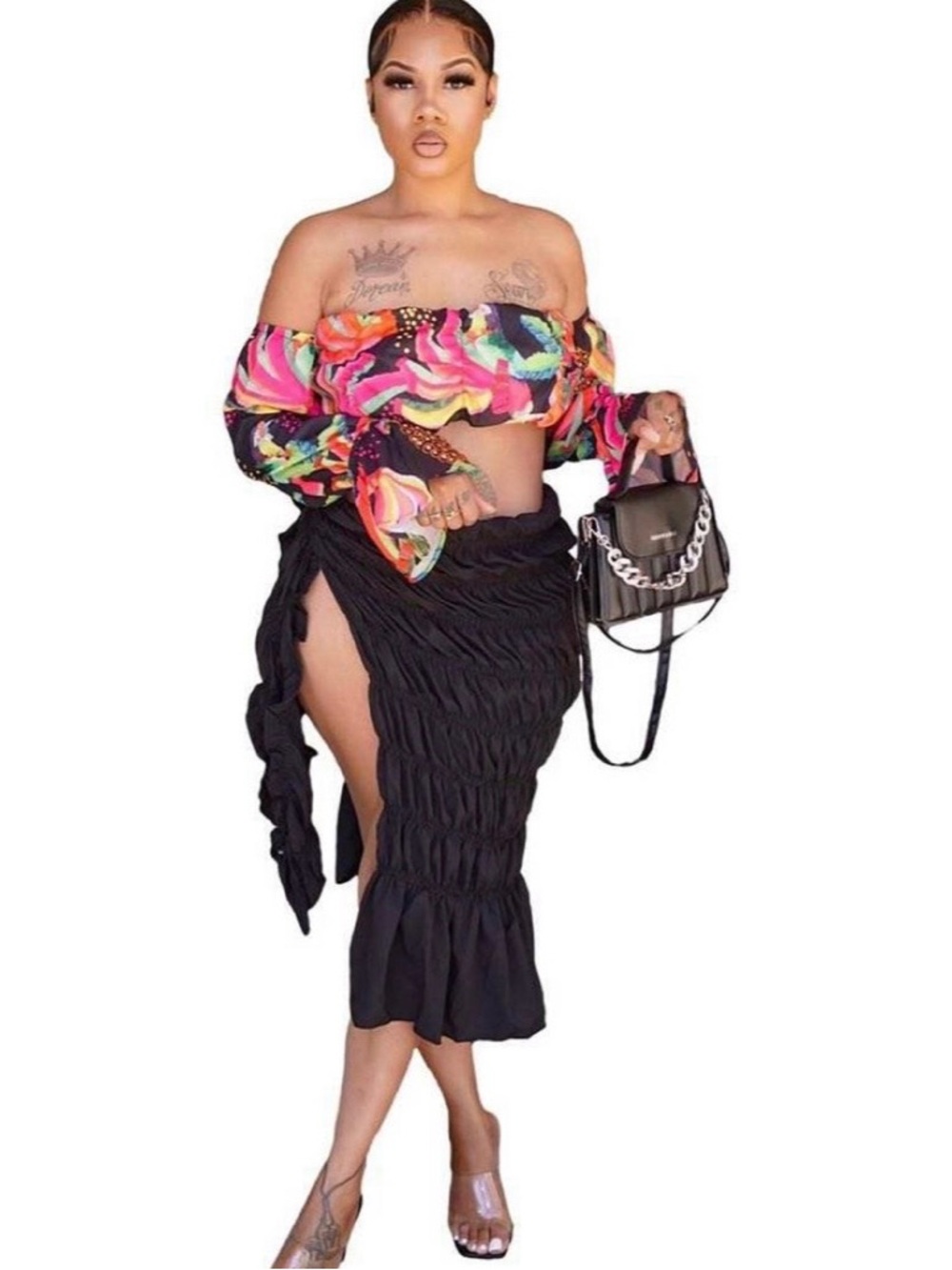 Off-Shoulder Multicolor Crop Top & Black Ruched Skirt Set